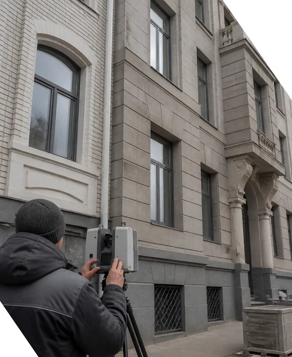 Лазерное сканирование фасадов зданий для обследования в Холмске